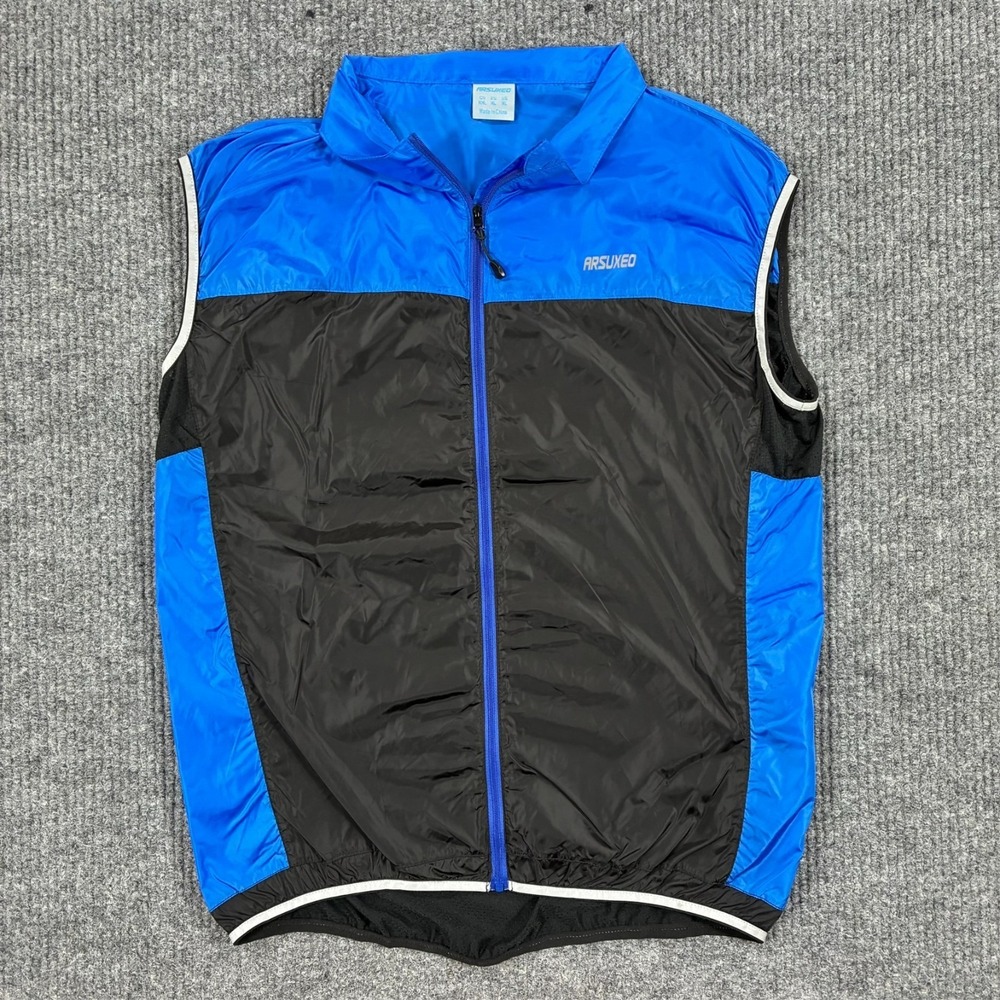 ARSUXEO Cycling Vest Jacket Mens XL Blue Black Full Zip Reflective Lightweight